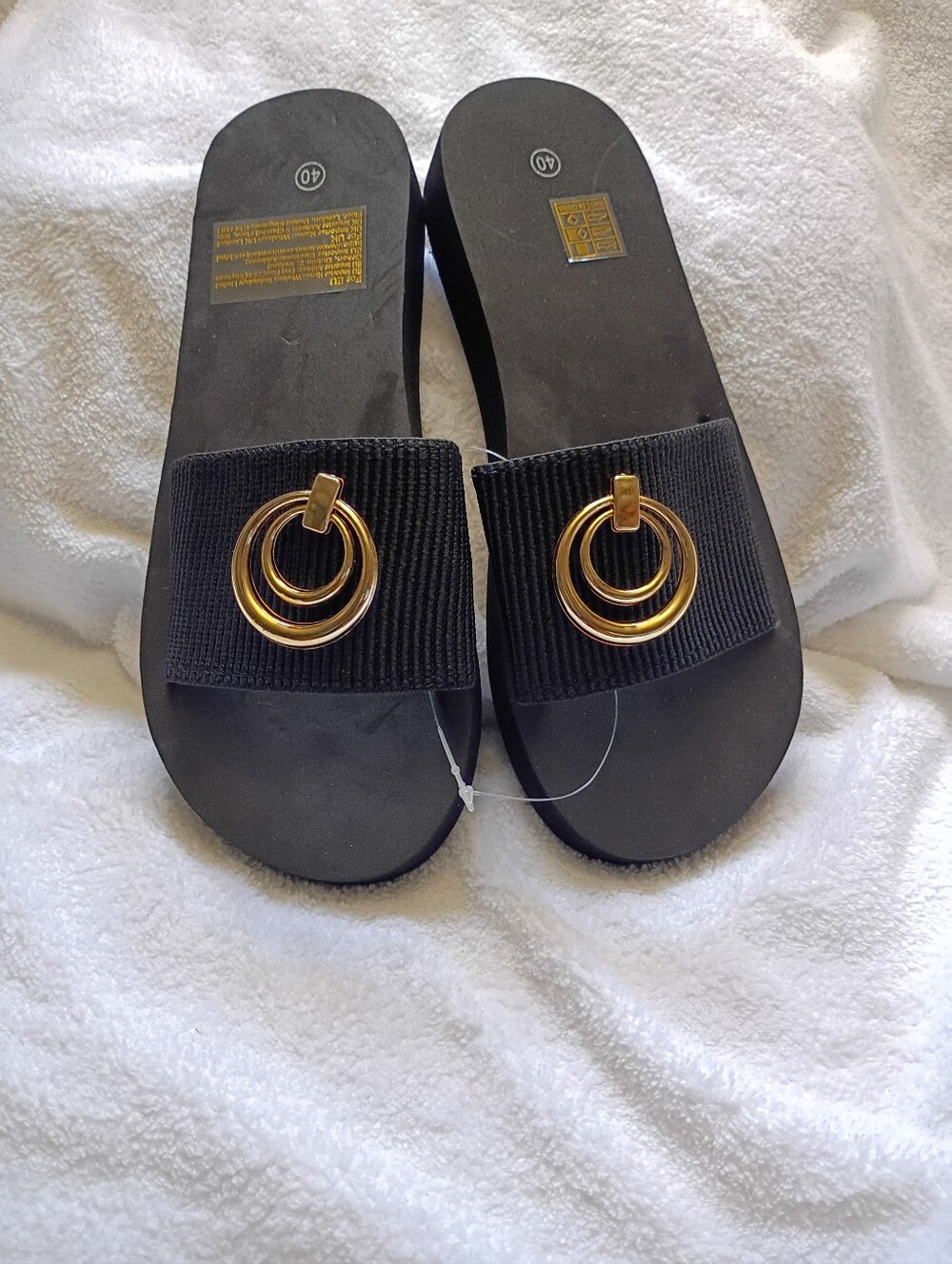 Women's Black Slide Sandals with Gold Ring Accent